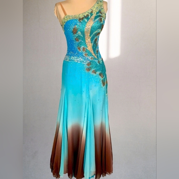 Elegant Blue and Brown Women's Smooth Ballroom Dress - Picture 4 of 6
